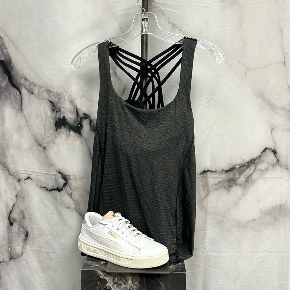 Lululemon Athletica, black and charcoal sports top with bra attached